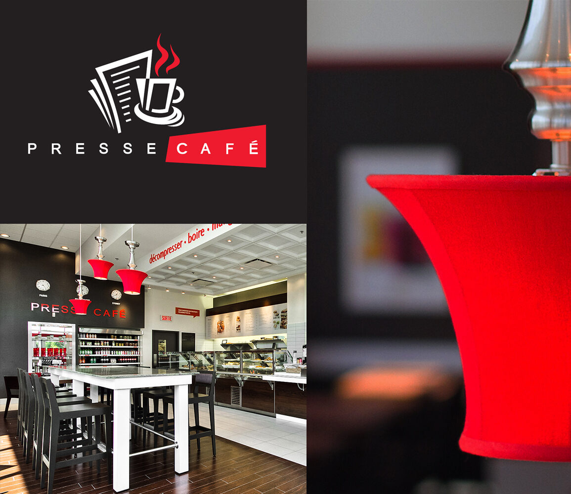 Montage photos avec le logo de Presse Café et une photo de lampe décorative suspendues à l'envers