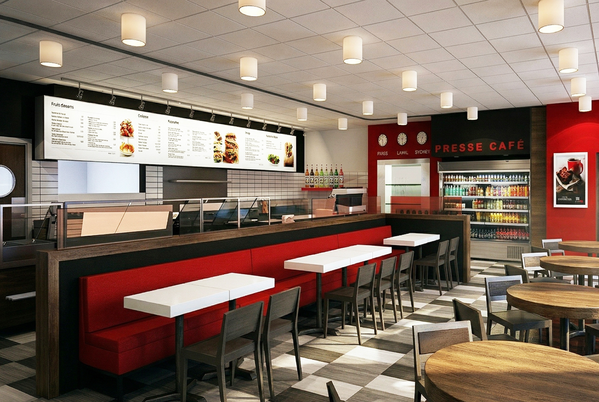 Design intérieur de restaurant Presse Café, aménagement de comptoir de service et zone de restauration par Dany Perron