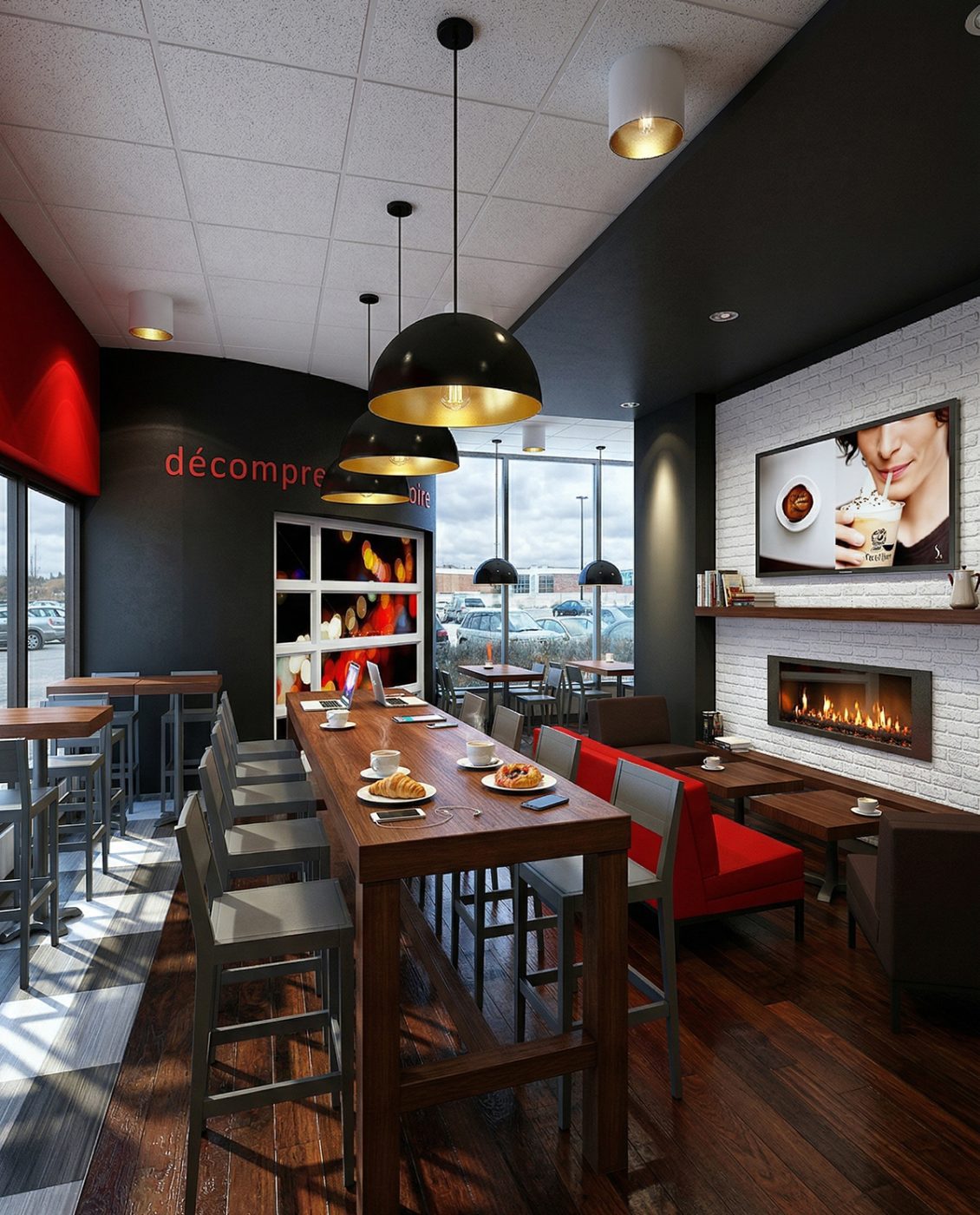 Design de salle à manger de café avec foyer et luminaires dorés, aménagement chaleureux par Dany Perron