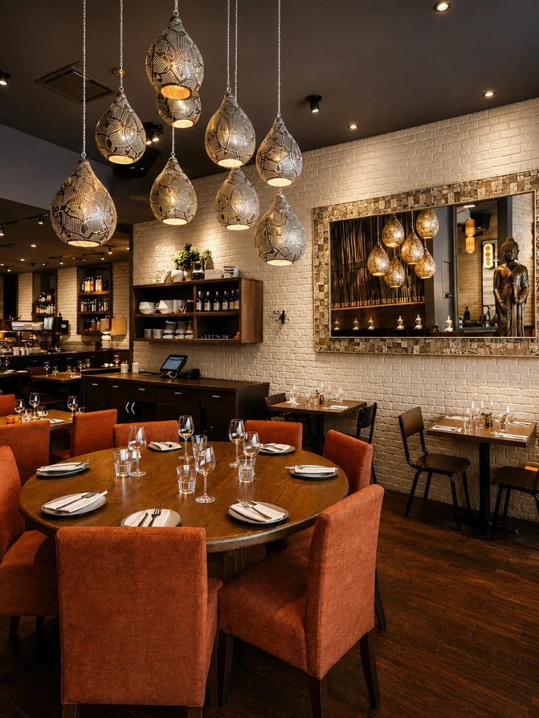 Luminaires suspendus décoratifs au-dessus d'une grande table ronde, restaurant Sésame Boucherville, design d'intérieur par Dany Perron.
