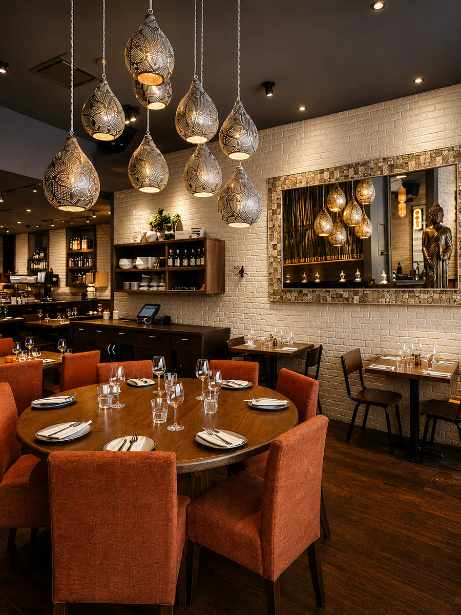 Luminaires suspendus décoratifs au-dessus d'une grande table ronde, restaurant Sésame Boucherville, design d'intérieur par Dany Perron.