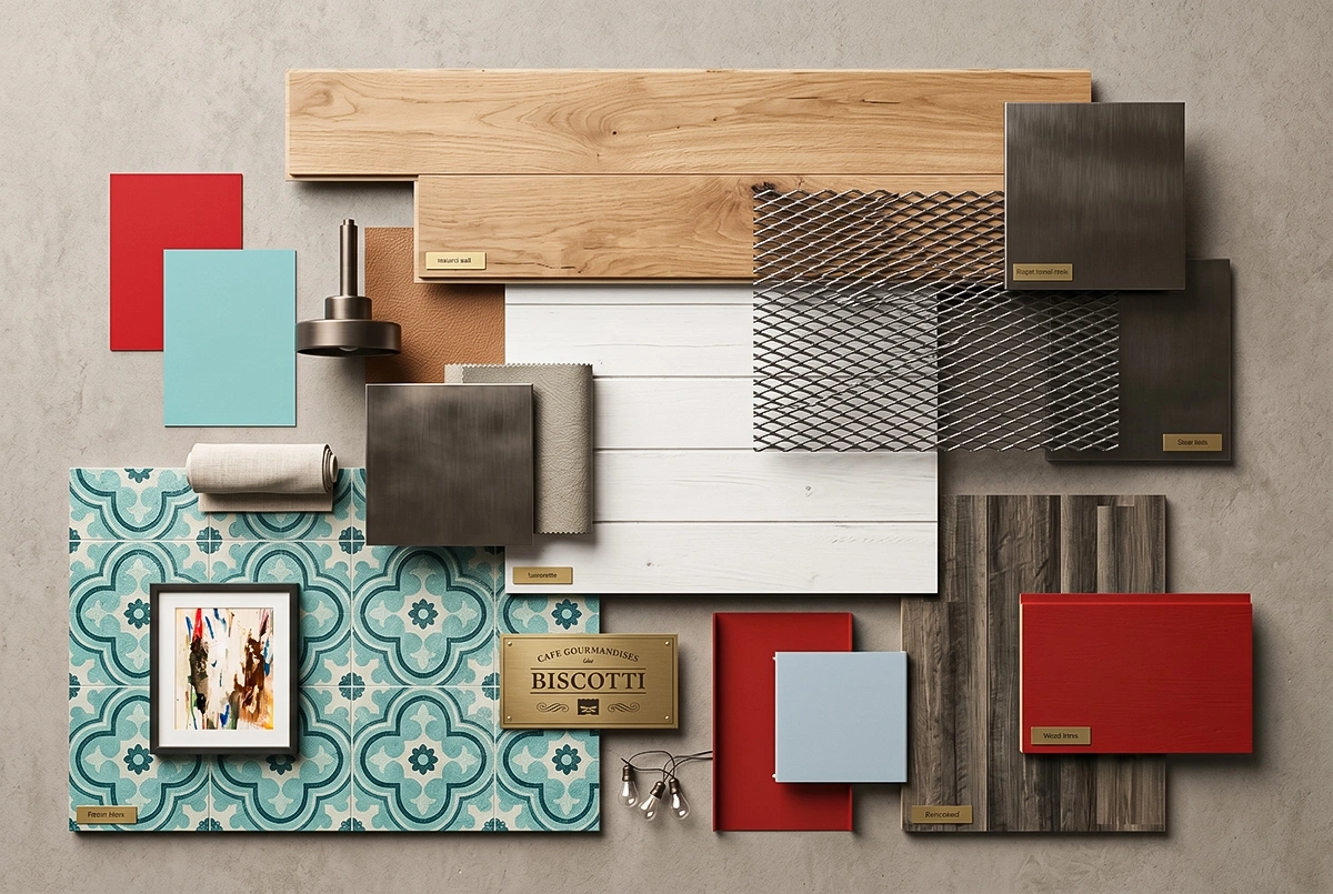 Moodboard de design intérieur commercial par Dany Perron, échantillons de matériaux pour le restaurant Biscotti & Cie