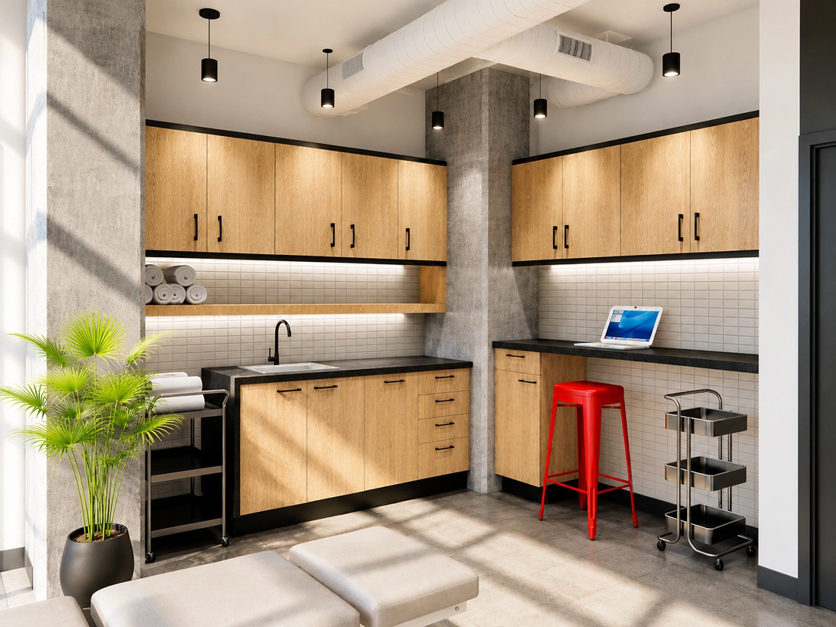 Design de mobilier de clinique sur mesure par Dany Perron : comptoir de service en bois clair, dosseret en céramique blanche et rangement intégré pour Physiothérapie Universelle