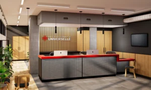 Espace accueil clinique avec comptoir bicolore rouge-noir, signalétique murale en bois, mobilier moderne et éclairage suspendu design