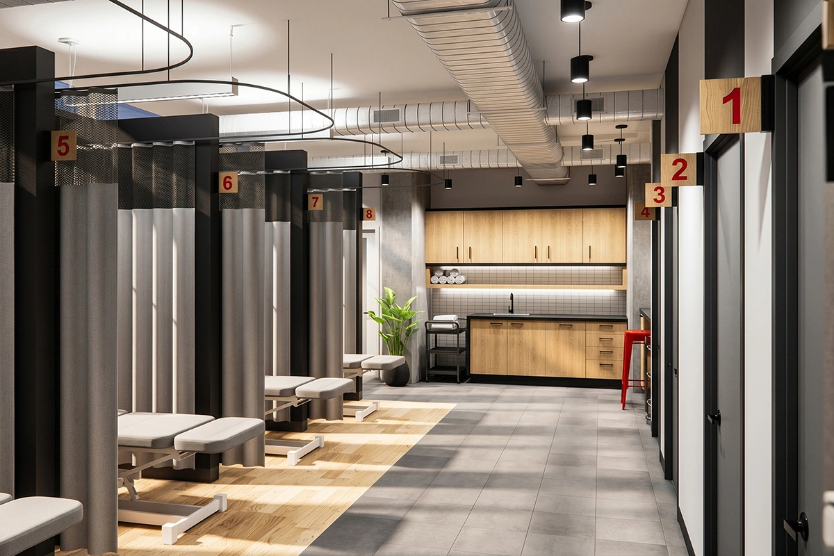 Design de clinique de physiothérapie à Longueuil, aménagement médical par Dany Perron designer