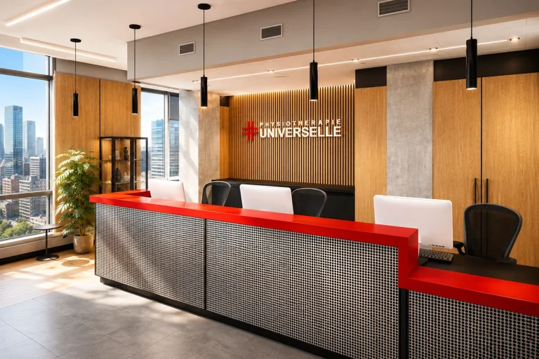 Design de réception de clinique par Dany Perron : comptoir d'accueil moderne rouge et noir, lattes de bois verticales et logo Physiothérapie Universelle
