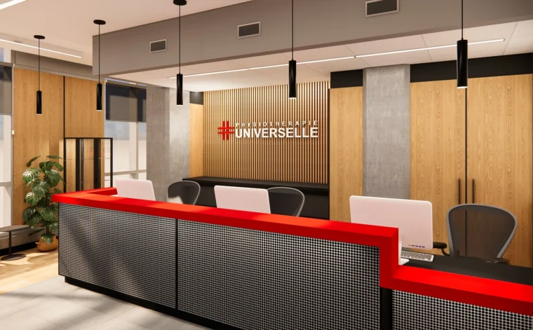 Reception moderne de clinique avec comptoir graphique noir et rouge, mur en lattes de bois avec logo Physiotherapie Universelle, design commercial epure