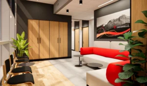 Salle attente moderne avec banquettes modulaires rouge et beige, murale inspirante montagne, rangements en bois et plantes décoratives