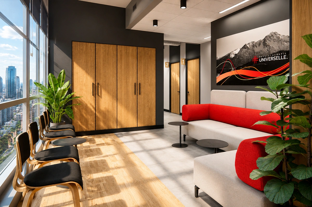 Design de salle d'attente pour Physiothérapie Universelle : banquette rouge sur mesure, mur d'accent en bois et logo corporatif par Dany Perron