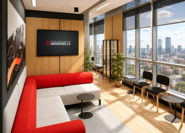 Design de salle d'attente moderne pour les cliniques Physiothérapie Universelle : banquette sur mesure, mur d'accent en bois et verrière par Dany Perron