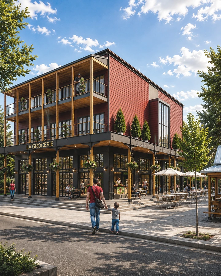 Une épicerie moderne, sur deux étages, avec de grandes fenêtres, des places assises à l'extérieur et des balcons. Des personnes marchent à l'extérieur, dont un adulte tenant la main d'un enfant. Des arbres et de la verdure entourent le bâtiment par une journée ensoleillée.