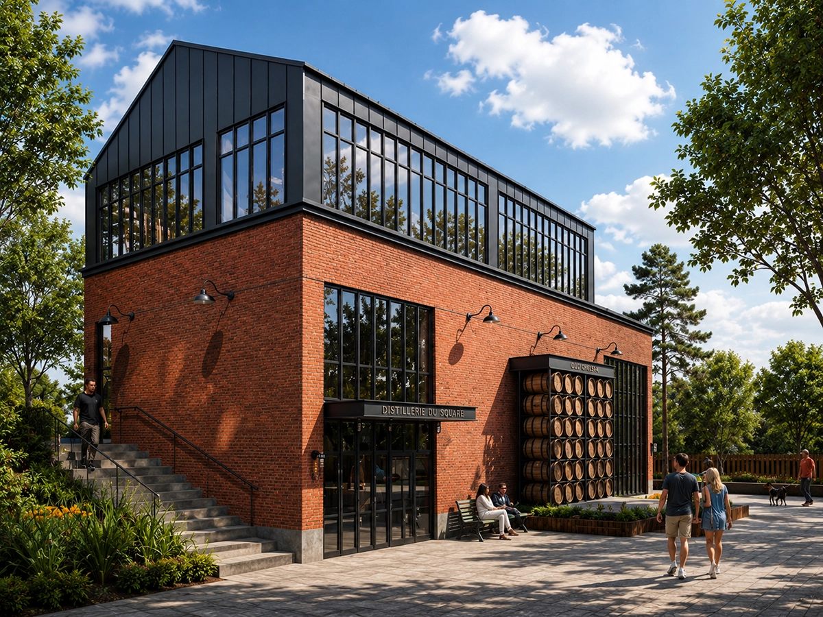 Architecture extérieure de la Distillerie du Square à Chelsea : façade en briques, design industriel moderne et terrasse aménagée par Dany Perron.