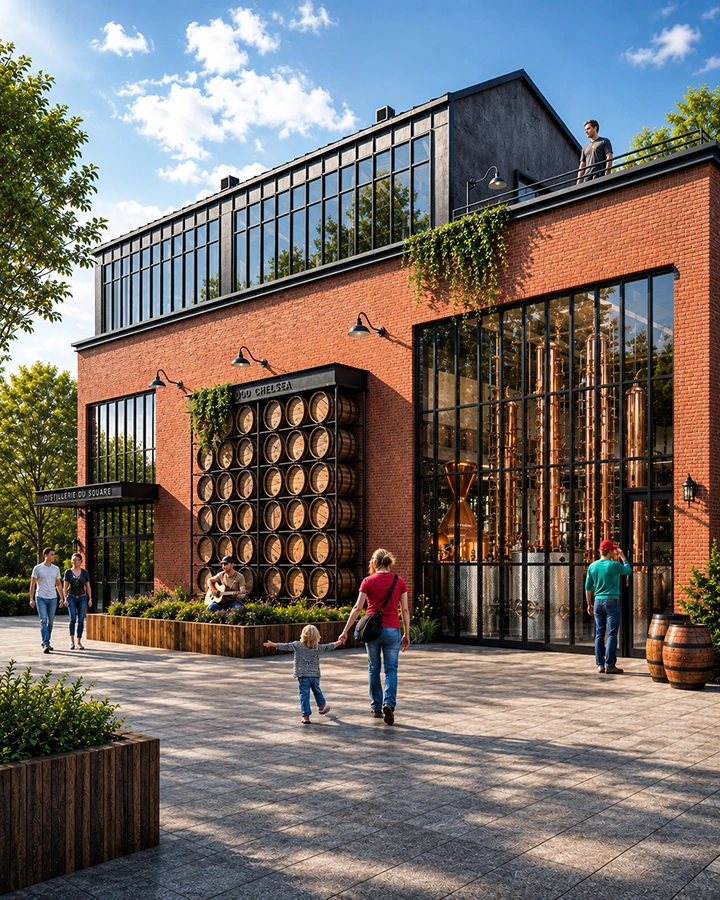 Architecture commerciale contemporaine de la Distillerie du Square Old Chelsea avec façade en briques, grandes fenêtres et terrasse, design par Dany Perron.