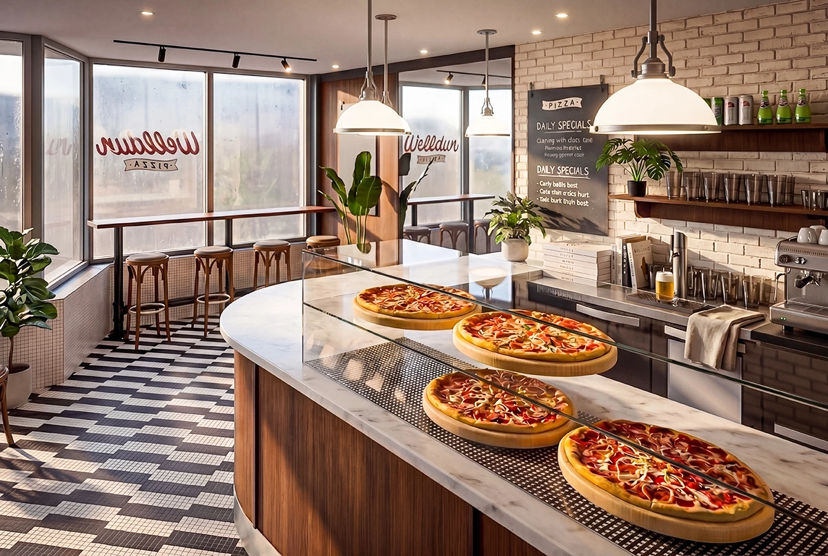 Aménagement intérieur de pizzeria moderne à Montréal, projet Welldun Verdun par Dany Perron designer
