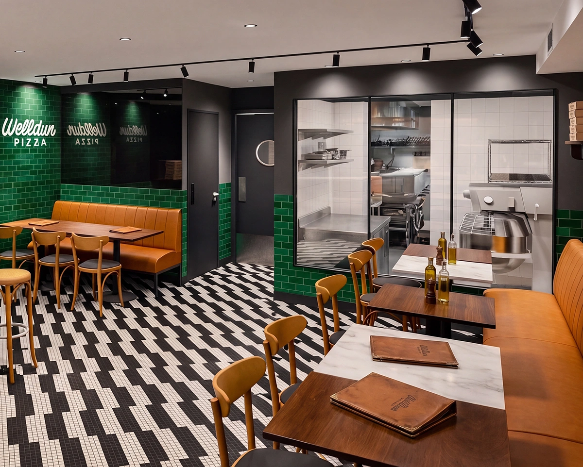 Aménagement de restaurant Welldun Pizza Verdun par Dany Perron, designer intérieur Montréal