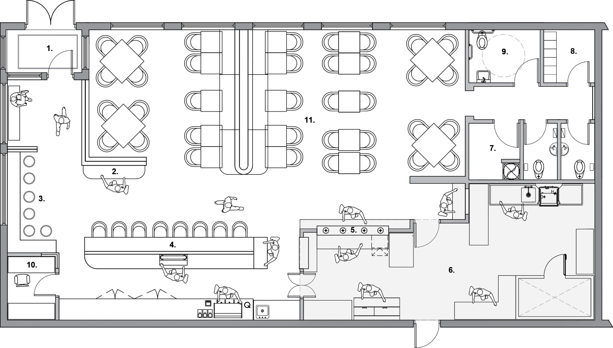 plan de design commercial de restaurant avec section bar et grandes banquettes