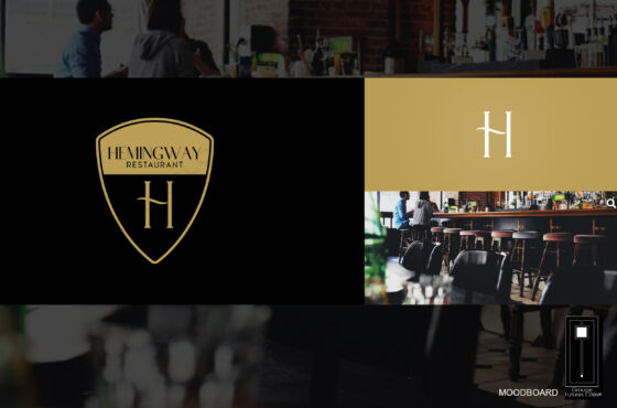 Le mood board de la marque du restaurant « Hemingway Restaurant » met en valeur son identité visuelle avec un logo comportant un « H » dans un bouclier, capturant lessence de lintérieur raffiné du bar avec trois clients. La palette comprend du noir, de lor et des tons sombres, avec le « Moodboard » élégamment affiché en bas à droite.