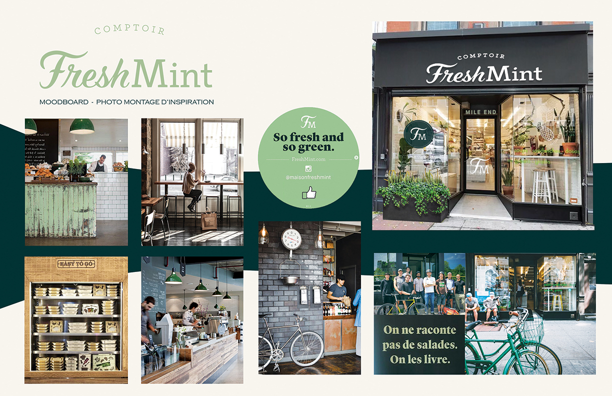 Un collage de moodboard mettant en vedette « Comptoir Fresh Mint » avec des images de lintérieur dun café, un panneau de menu, des étagères remplies de bocaux, des gens qui saffairent derrière le comptoir et un extérieur accueillant avec une signalisation. Un vélo repose à lextérieur. Le thème apaisant des couleurs vertes et blanches lie le tout.