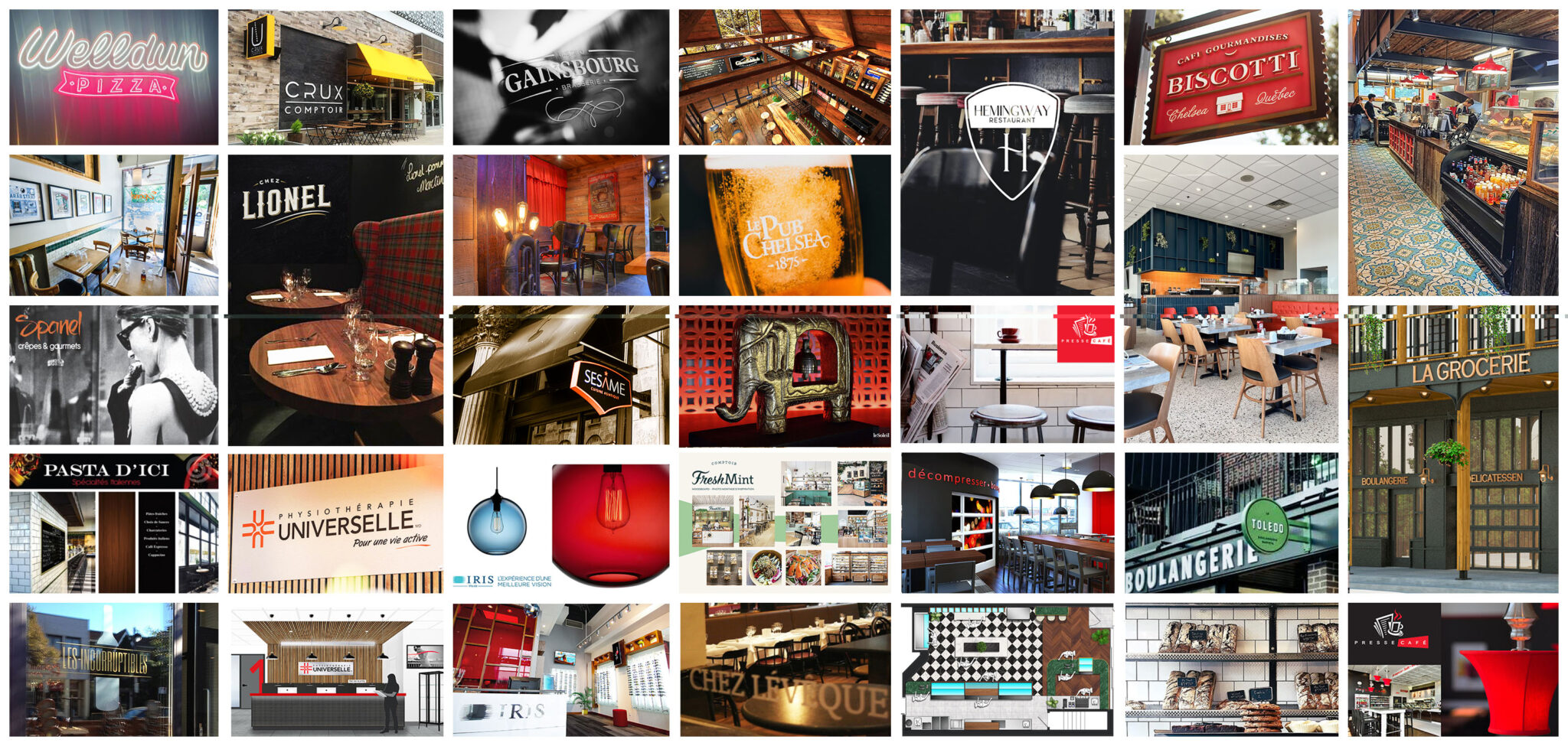 montage de photos miniatures de projet de design commercial; restaurants, cafés, boutiques et cliniques.