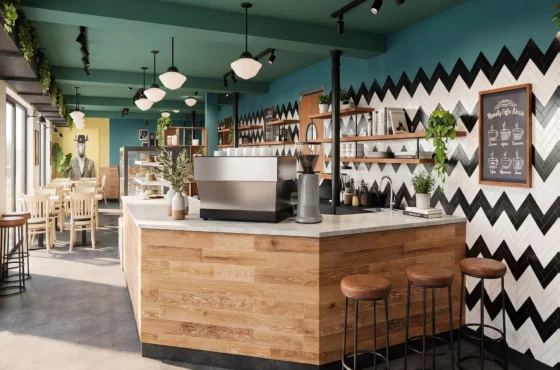 Aménagement intérieur moderne d'un café, avec comptoir en bois, carrelage à motifs géométriques et éclairage suspendu. Design signé Dany Perron, designer commercial.