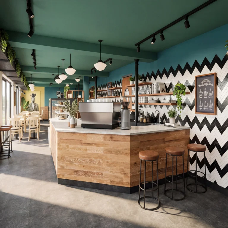 Aménagement intérieur moderne d'un café, avec comptoir en bois, carrelage à motifs géométriques et éclairage suspendu. Design signé Dany Perron, designer commercial.