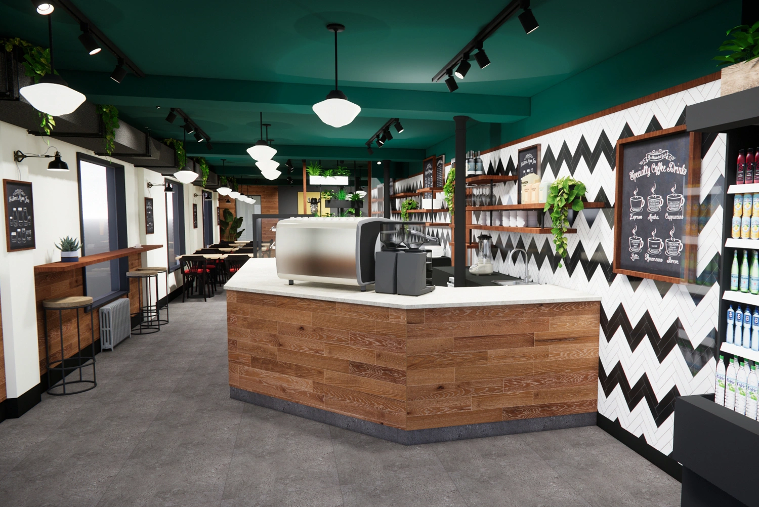 Café contemporain au design chaleureux avec comptoir en bois clair, murs ornés de motifs chevrons noirs et blancs, touches de verdure suspendue et espace lumineux aménagé avec soin pour une ambiance conviviale.