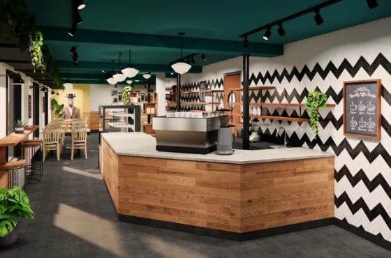 Aménagement intérieur moderne d'un café, avec comptoir en bois, carrelage à motifs géométriques et éclairage suspendu.