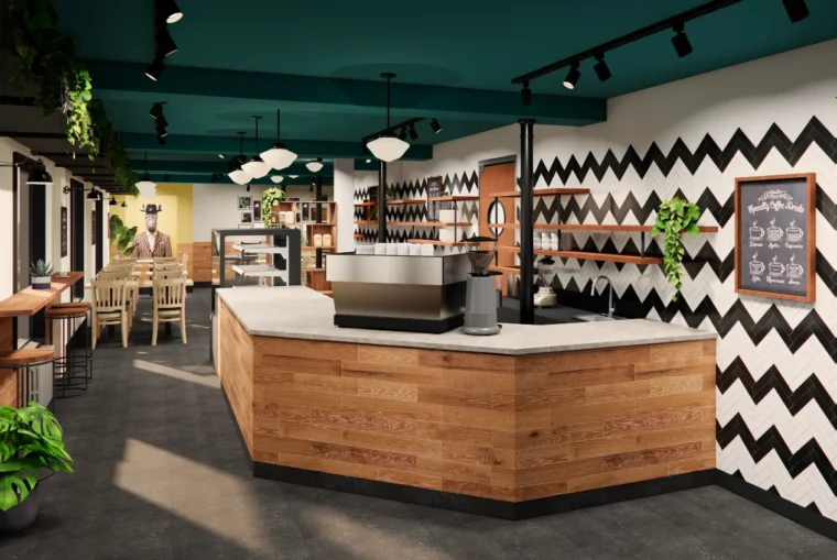 interieur cafe moderne avec comptoir central bois et comptoir beton, plafond vert emeraude, mur geometrique chevron noir blanc, eclairage suspendu design