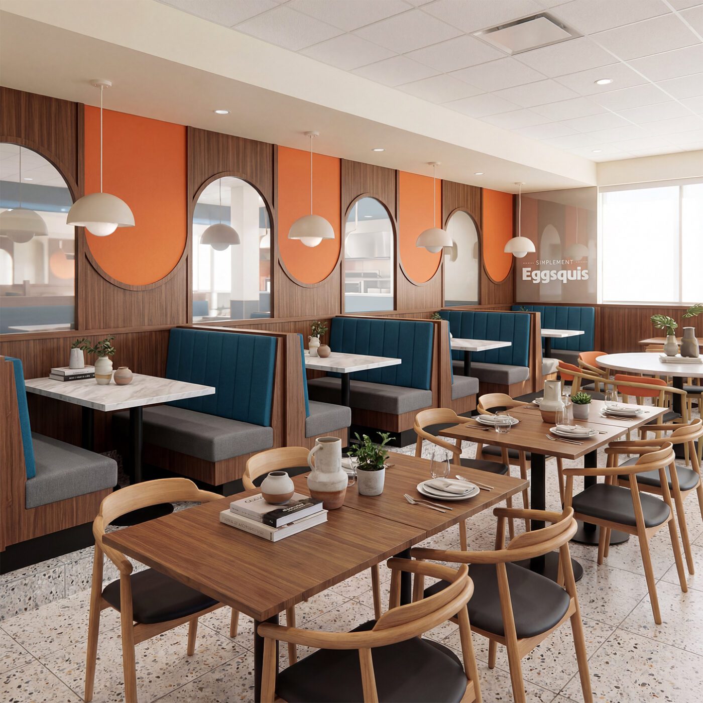 Intérieur du restaurant Eggsquis à Brossard, avec banquettes en bois, comptoir carrelé bleu et mur accent orange dans un concept de design commercial moderne signée Dany Perron.