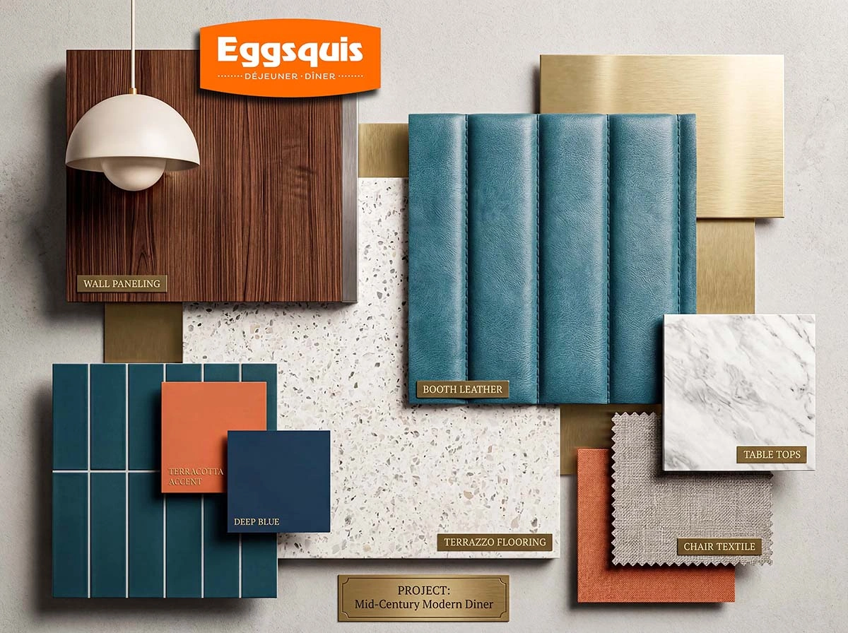 Moodboard de design intérieur pour restaurant Eggsquis Brossard par Dany Perron, matériaux et textures design commercial