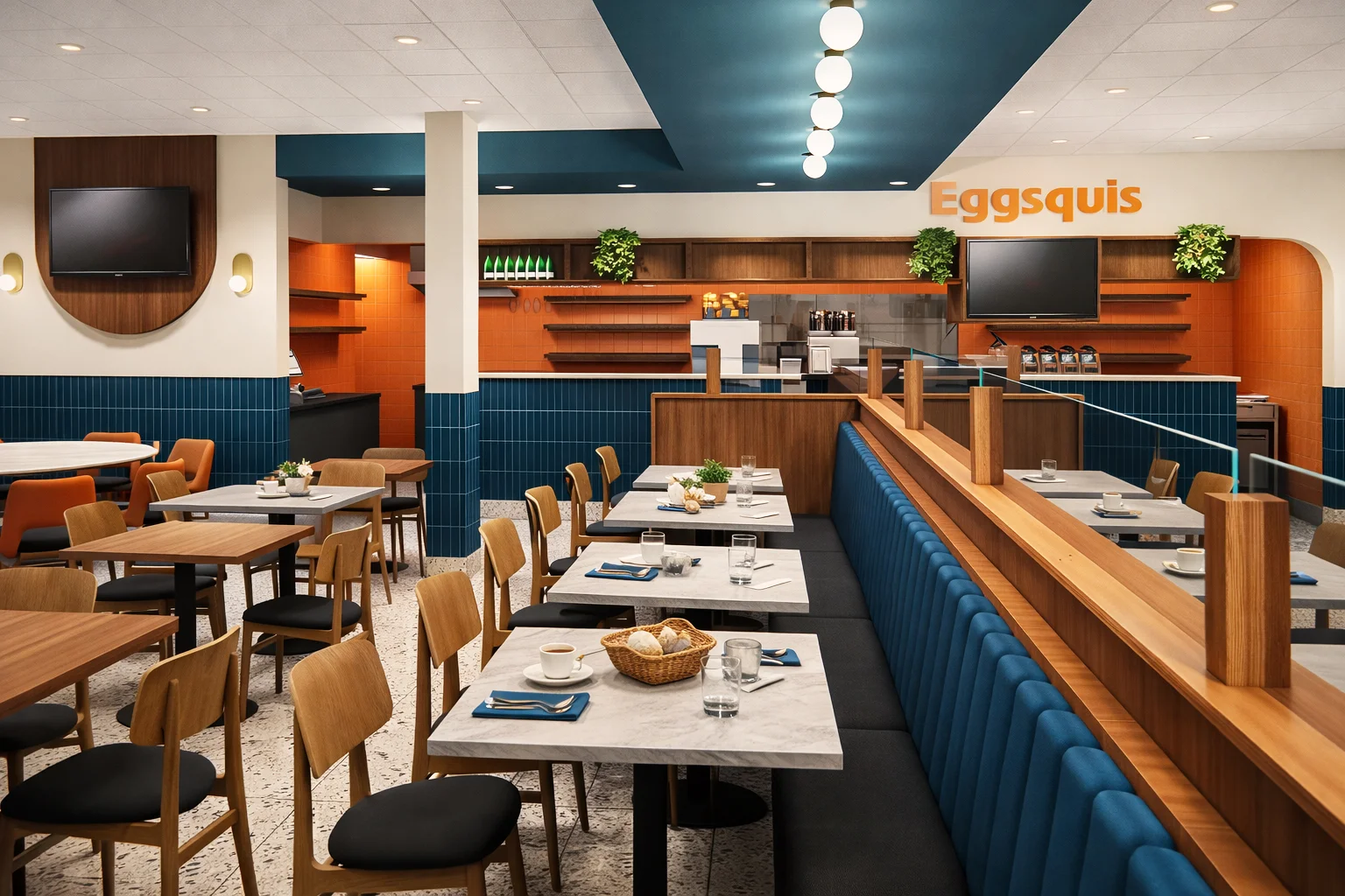 Banquettes bleu profond et panneaux muraux arqués en bois dans le restaurant Eggsquis à Brossard.