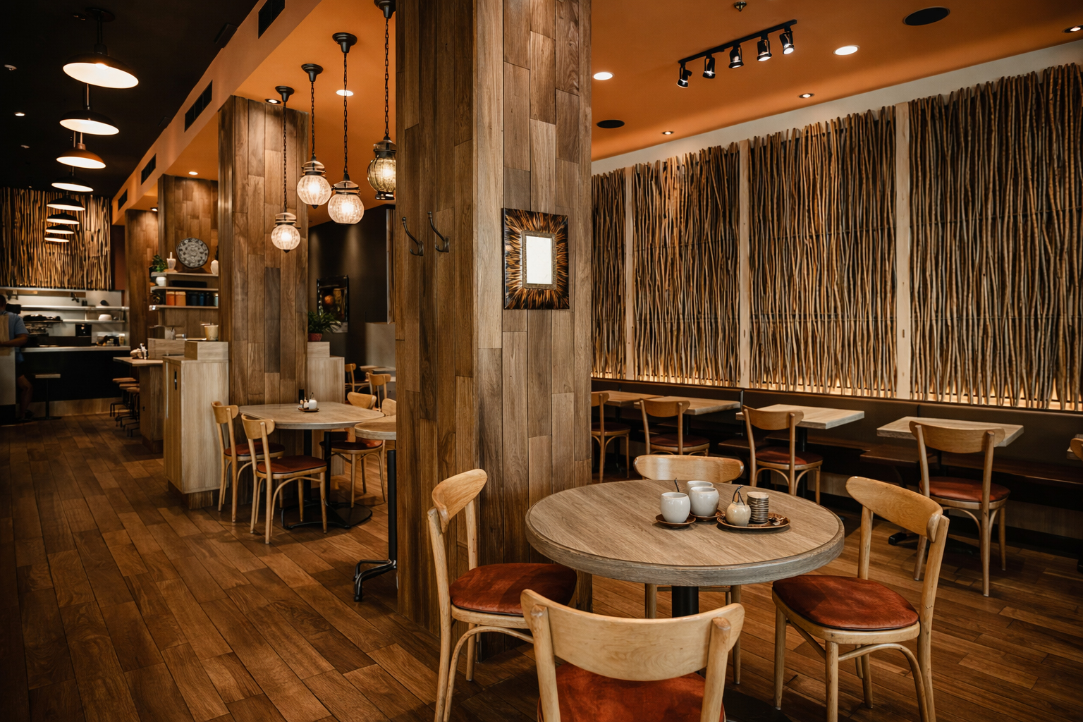 Salle à manger du restaurant Sésame à Vieux-Montréal avec cloison décorative en bois, dans une ambiance chaleureuse et contemporaine.