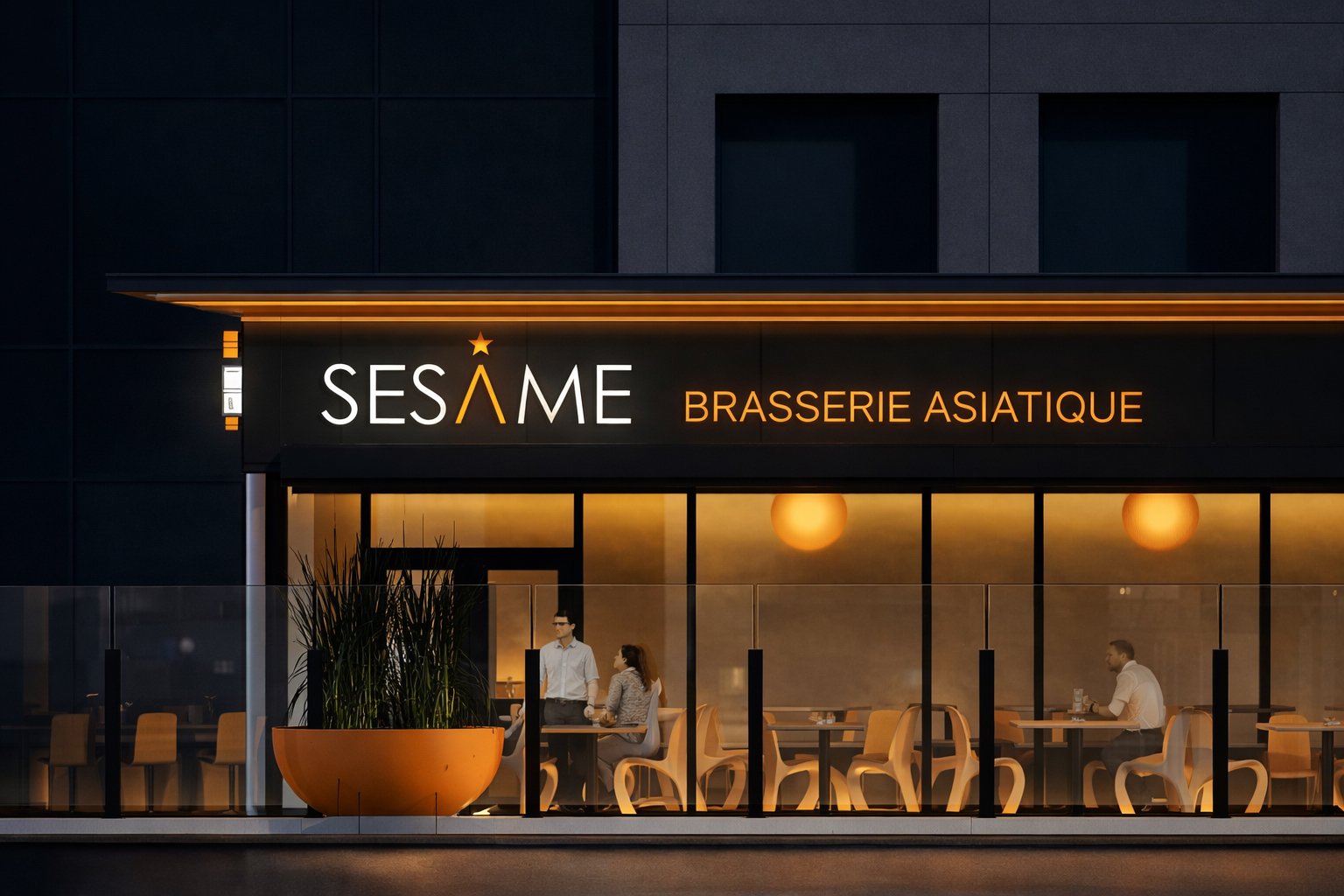 Façade du restaurant asiatique Sésame à Québec avec vue intérieure du design commercial.