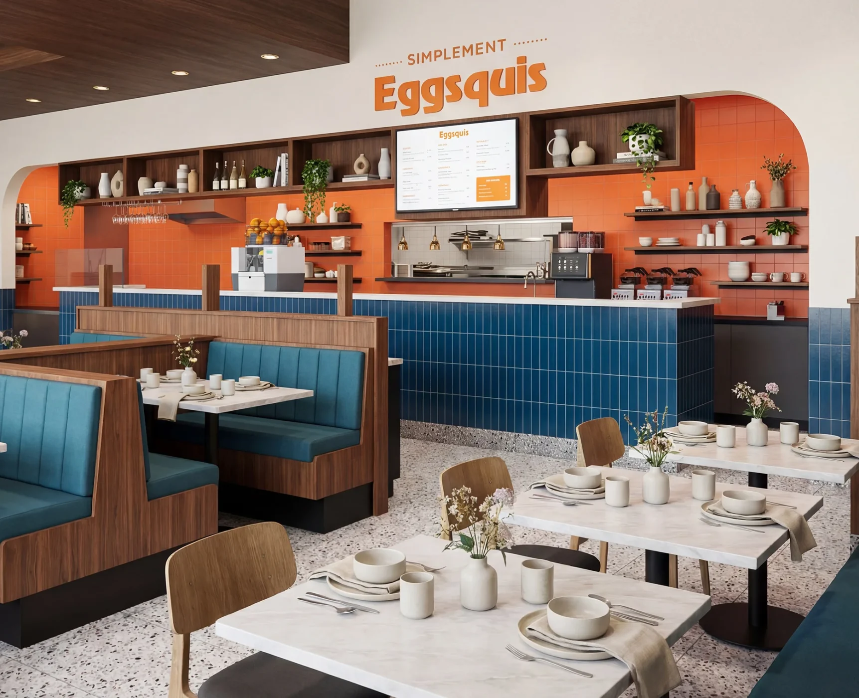 Comptoir de service Eggsquis avec céramique bleue verticale et mur signature orange, aménagement restaurant à Montréal.