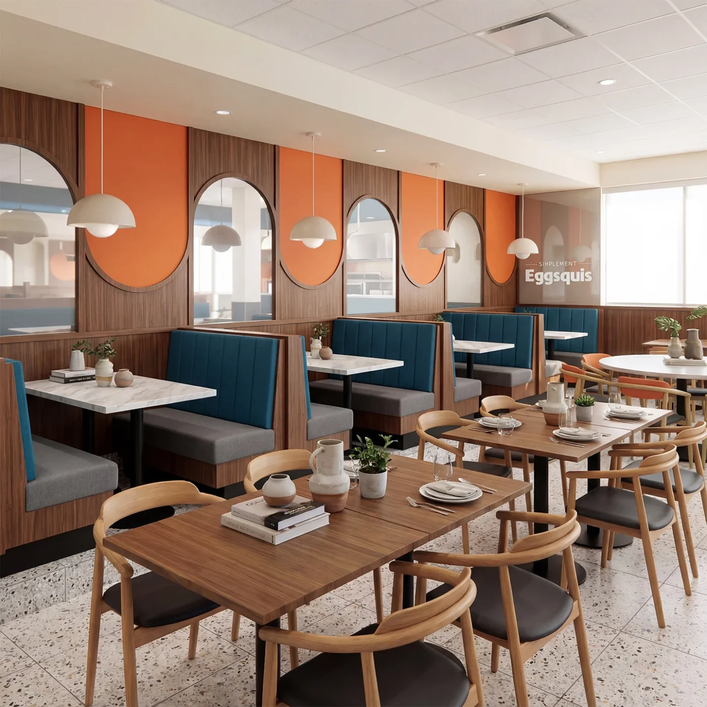 Intérieur du restaurant Eggsquis à Brossard et Greenfield Park, avec banquettes en bois, comptoir carrelé bleu et mur accent orange dans un concept de design commercial moderne signée Dany Perron.
