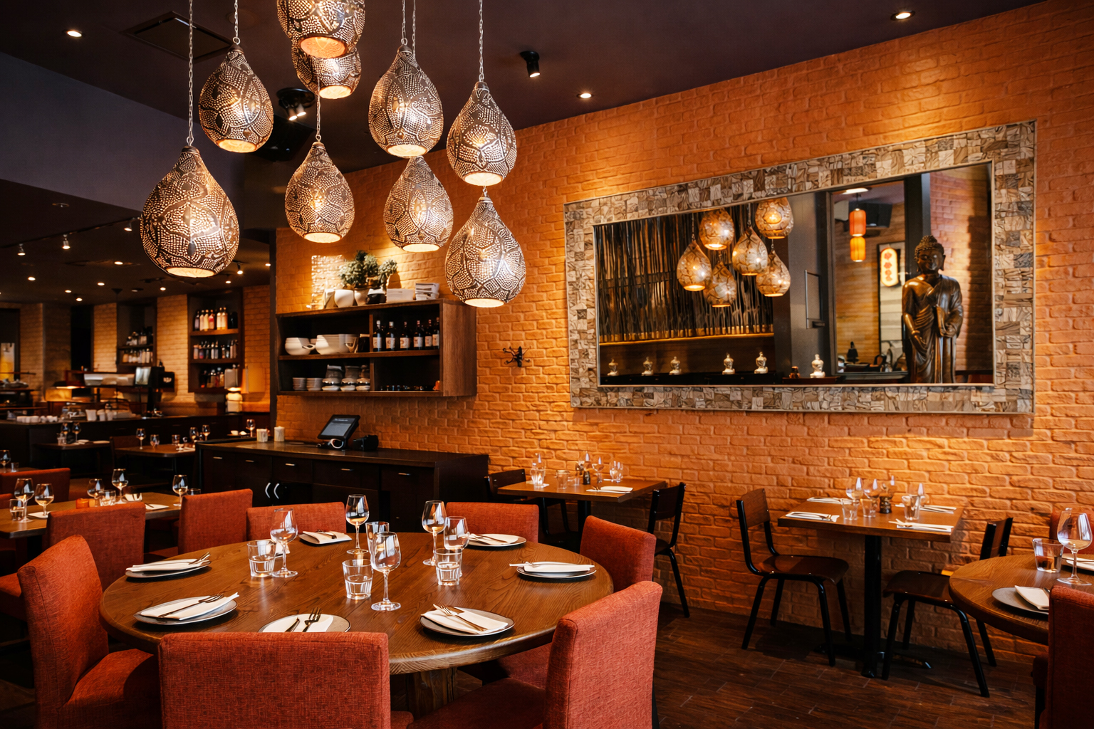 Salle à manger du restaurant Sésame à Montréal avec luminaires d’inspiration orientale et mur de briques apparentes de couleur orange
