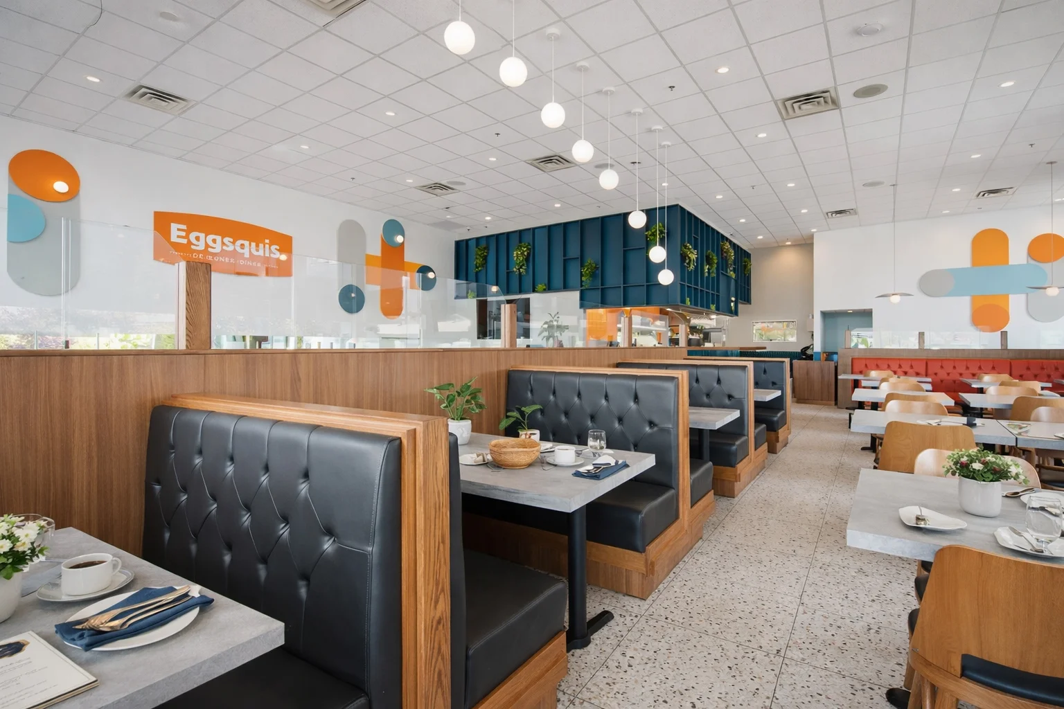 Intérieur d'un restaurant moderne avec des cabines noires capitonnées, des touches de bois clair, un sol en terrazzo et des œuvres d'art murales géométriques colorées. Les tables sont garnies de vaisselle et de fleurs. De grandes fenêtres et des lampes suspendues éclairent l'espace.
