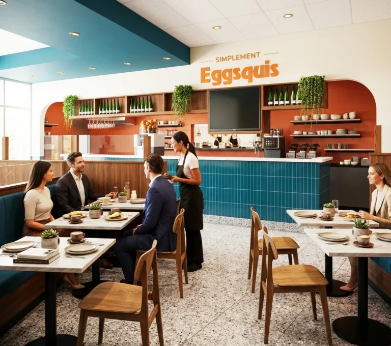 Clients attablés dans la salle à manger du restaurant Eggsquis à Rive-Sud, ambiance chaleureuse avec palette bleu et orange.