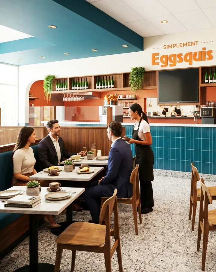 Design intérieur du restaurant Eggsquis Brossard par Dany Perron : salle à manger moderne, banquettes bleues, mur d'accent orange et éclairage naturel.