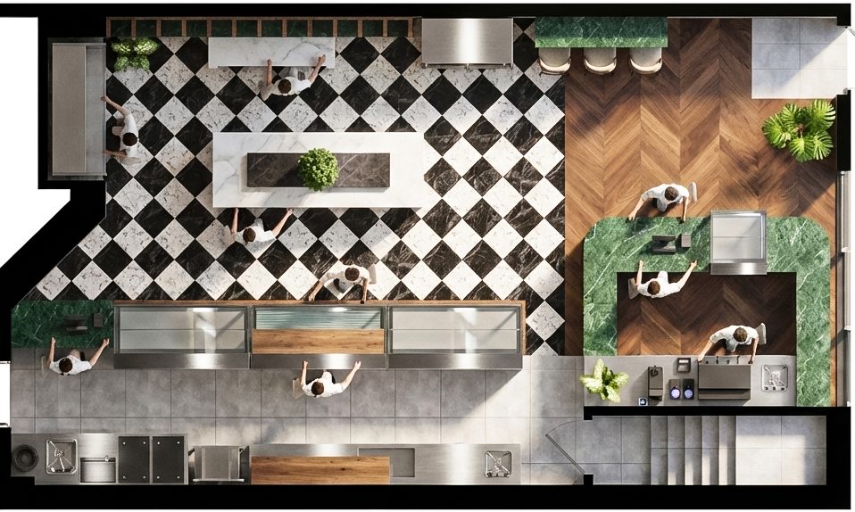 Plan d'aménagement 3D d'un café à Montréal : vue aérienne montrant la cuisine commerciale, le comptoir et l'aire client par Dany Perron