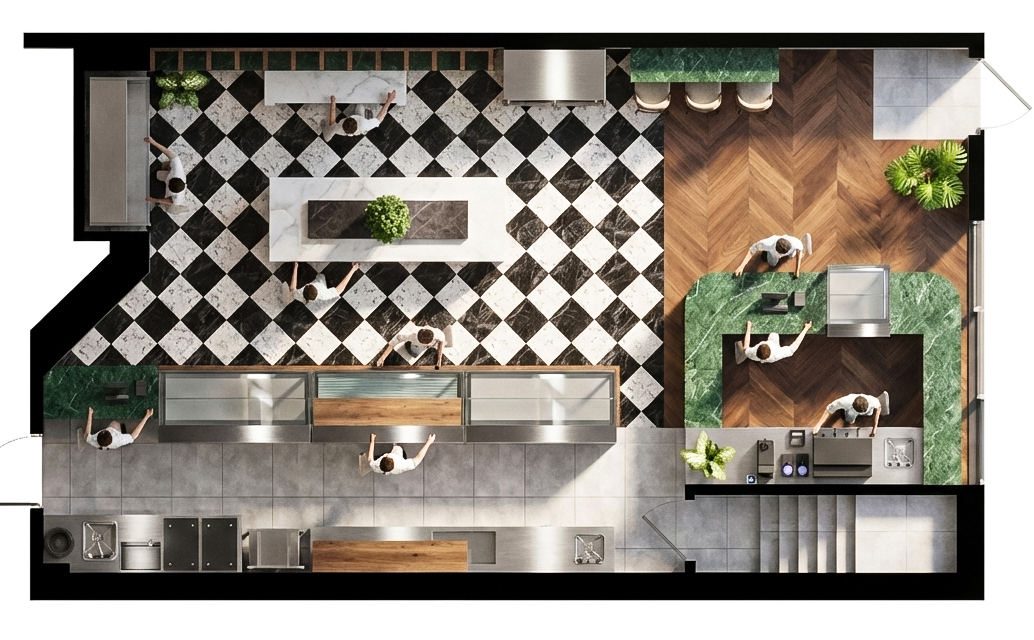 Vue aérienne d'un café à Montréal avec comptoir, cuisine et aire clients aménagée