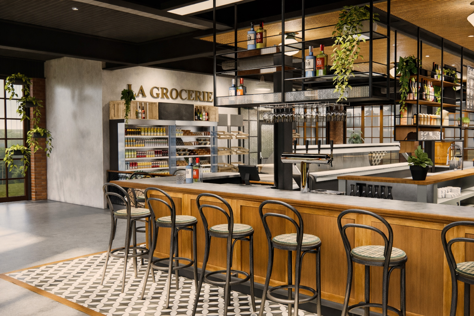 Un café moderne et élégant avec un bar en bois, des chaises noires, des plantes suspendues et des étagères remplies de produits d'épicerie et de bouteilles. De grandes fenêtres laissent entrer la lumière naturelle et l'espace est ouvert et accueillant.