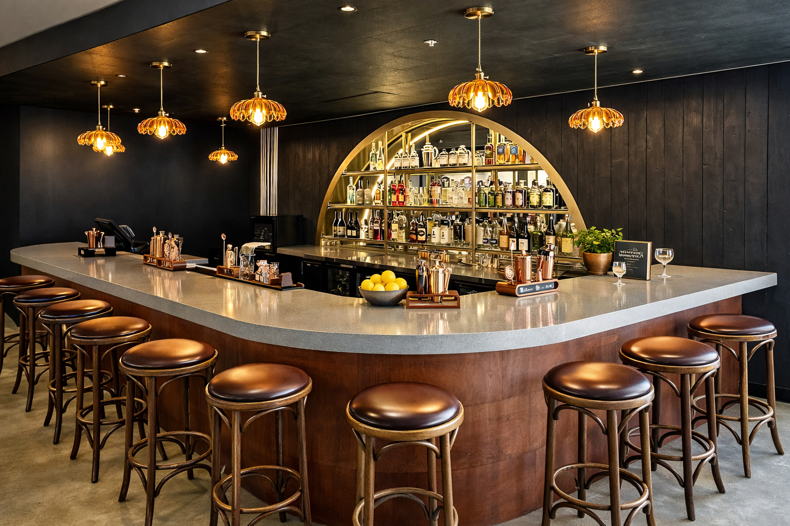 Un bar moderne et élégant avec un comptoir incurvé, des tabourets en cuir marron et des lampes suspendues chaleureuses. Derrière le bar se trouve une étagère en arc de cercle en miroir, garnie de diverses bouteilles d'alcool et d'articles de bar. Un bol de citrons est posé sur le comptoir.