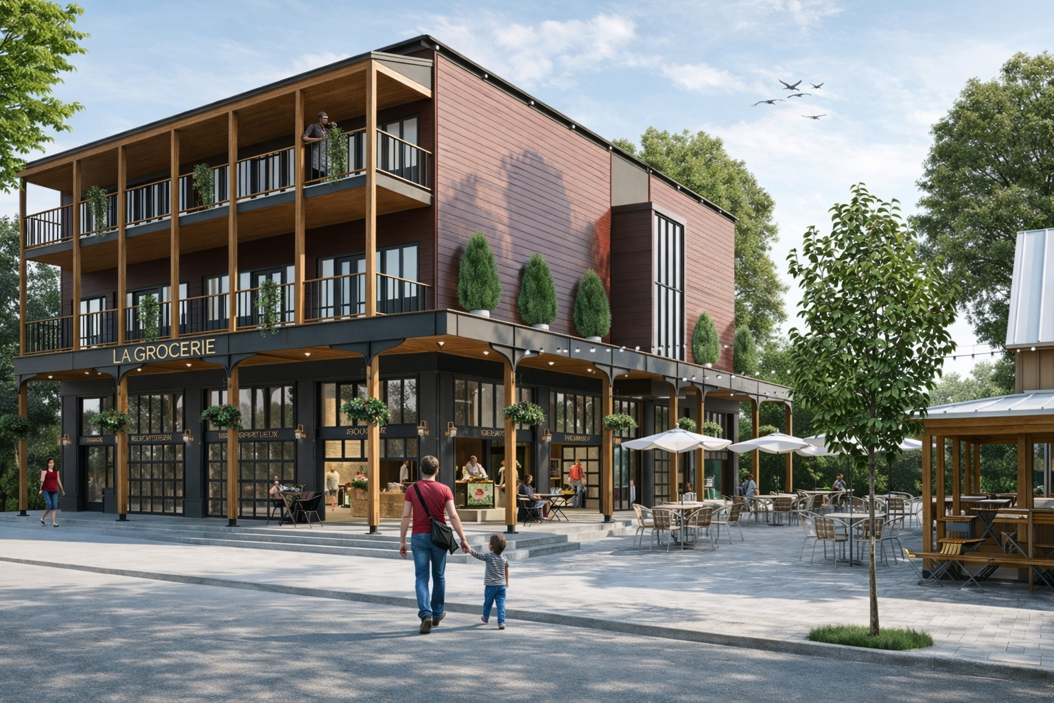 Une épicerie moderne, sur deux étages, avec de grandes fenêtres, des places assises à l'extérieur et des balcons. Des personnes marchent à l'extérieur, dont un adulte tenant la main d'un enfant. Des arbres et de la verdure entourent le bâtiment par une journée ensoleillée.