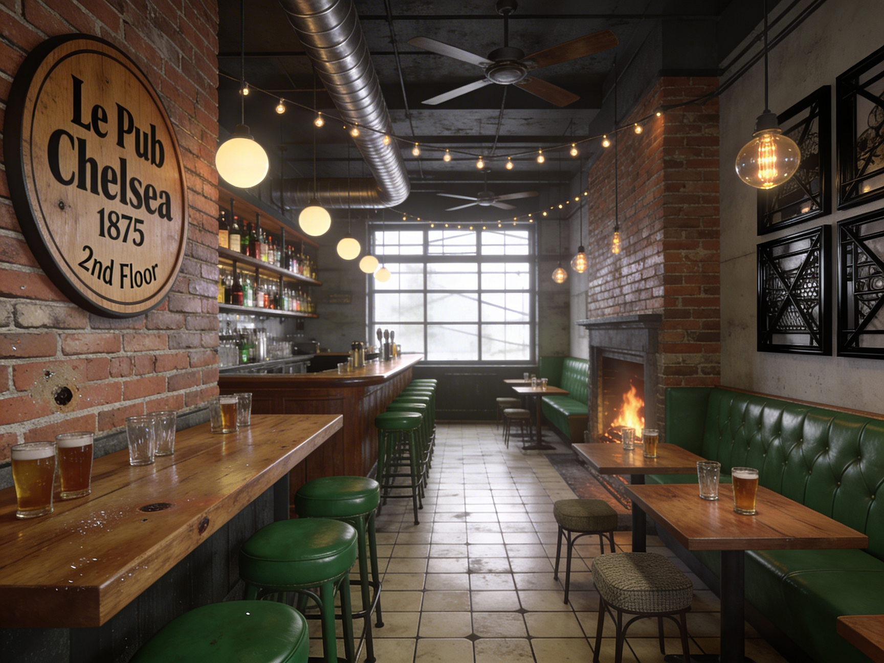 Un pub confortable avec des murs en briques apparentes, des tabourets de bar verts, des tables en bois, une cheminée allumée et des lampes globe suspendues. Plusieurs verres de bière sont posés sur les tables et une grande fenêtre laisse entrer la lumière du jour. Un panneau indique Le Pub Chelsea 1875, 2e étage.