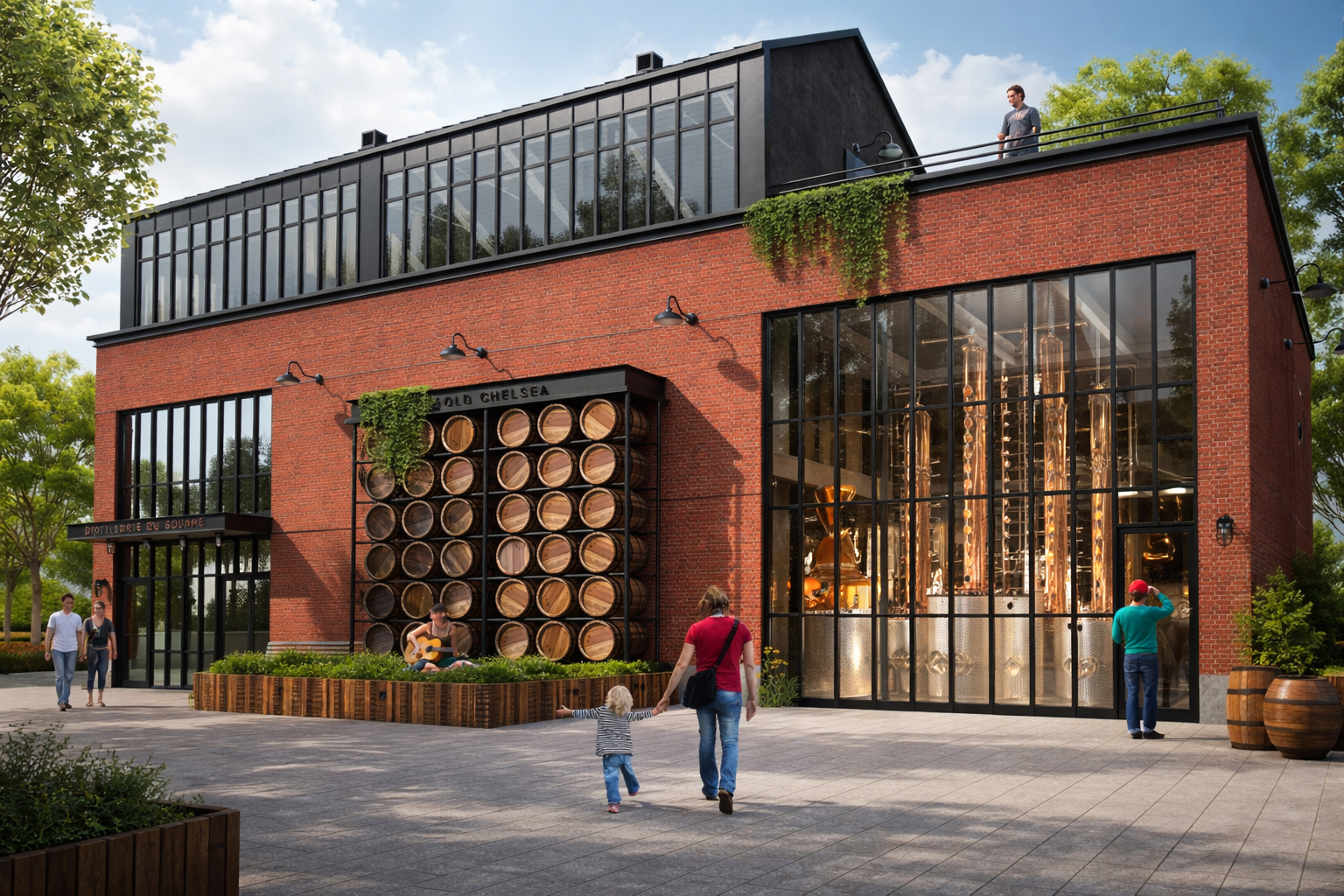 Une distillerie moderne en briques rouges avec de grandes fenêtres, des tonneaux de whisky empilés à l'extérieur, des gens qui marchent à proximité, un musicien qui joue de la guitare et une personne qui se tient sur le toit, entourée de verdure.