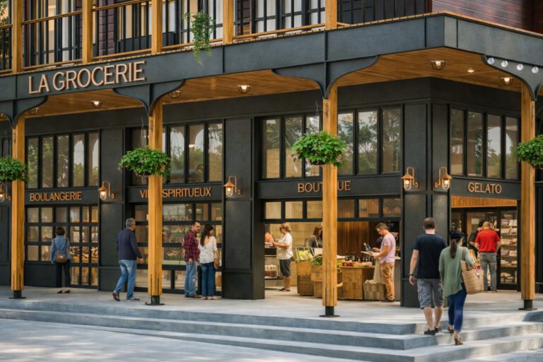 Les gens font leurs achats à l'extérieur et à l'intérieur d'une élégante épicerie française avec des sections pour la boulangerie, les spiritueux, les articles de boutique et les glaces. La devanture présente des accents de bois et de grandes fenêtres, avec quelques petits arbres à l'entrée.