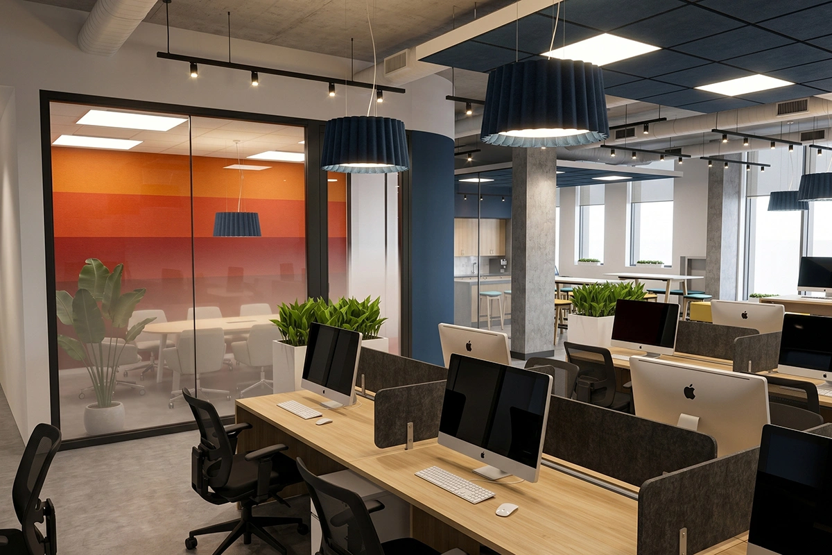 Aménagement de bureau à aire ouverte (open space) moderne à Montréal, design de postes de travail corporatifs par Dany Perron