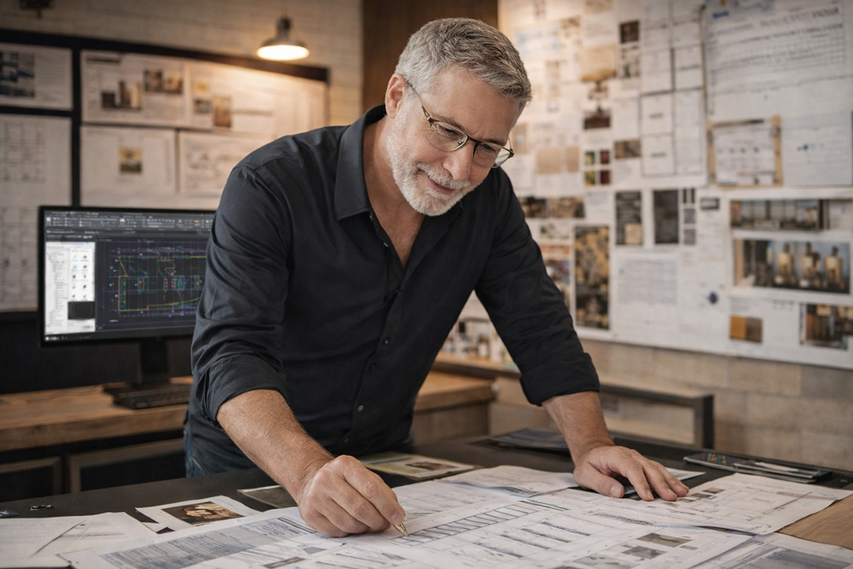 Dany Perron, designer d'intérieur commercial à Montréal en plein travail de conception