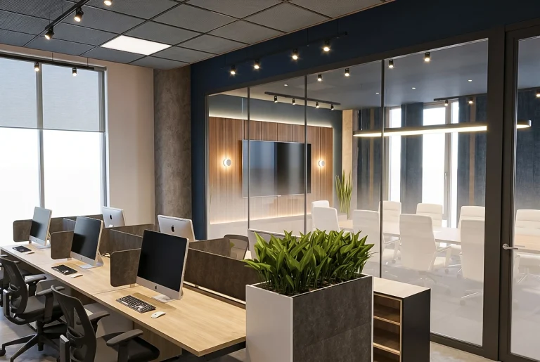 Aménagement de salle de conférence vitrée et bureaux à aire ouverte à Montréal par Dany Perron